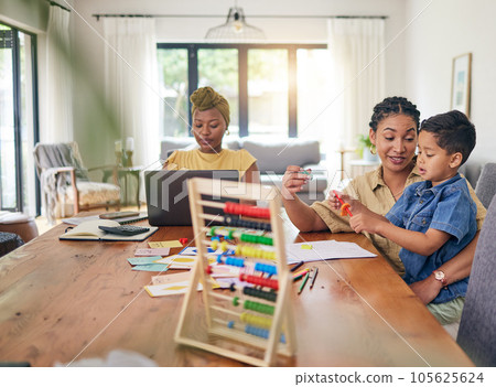 Child, homework help and math in home with mom and abacus for development growth. Young boy, student and family with lgbt, gay and lesbian parents with education support and learning for teaching kid Child, homework help and math in home with mom and abacus for development growth. Young boy, student and family with lgbt, gay and lesbian parents with education support and learning for teaching kid 105625624