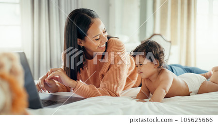 Remote work, love and mother with baby in a bed for bonding, relax and playing in their home. Work from home, freelance and female relax with newborn, happy and smile while having fun in a bedroom Remote work, love and mother with baby in a bed for bonding, relax and playing in their home. Work from home, freelance and female relax with newborn, happy and smile while having fun in a bedroom 105625666