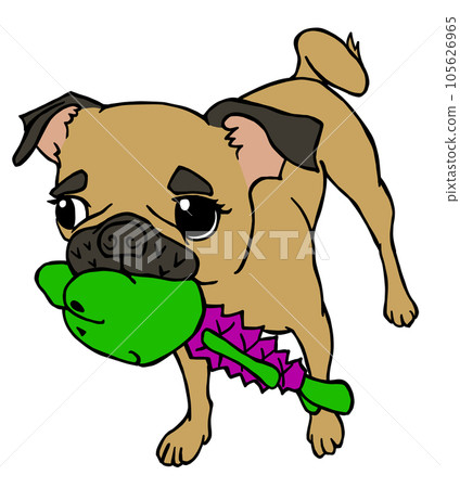 小鹿小狗嘴裡叼著一隻玩具青蛙不肯放手 105626965