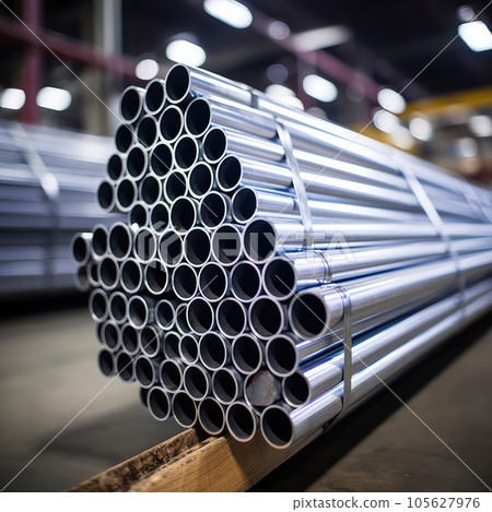 Metal Pipes Ready for Transit: Galvanized Steel, Aluminum, and Chrome Stainless Pipes Stack in Warehouse, Awaiting Dispatch 105627976