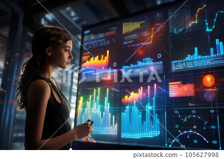 Digital Discovery: Unraveling Technology Trends on Data Dashboard - Dive into the technology with this compelling portrayal of a woman delving into data, trends, and graphs on a digital dashboard. Digital Discovery: Unraveling Technology Trends on Data Dashboard - Dive into the technology with this compelling portrayal of a woman delving into data, trends, and graphs on a digital dashboard. 105627998