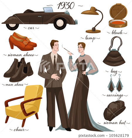 Vintage couple and furniture objects, 1930s years 105628179