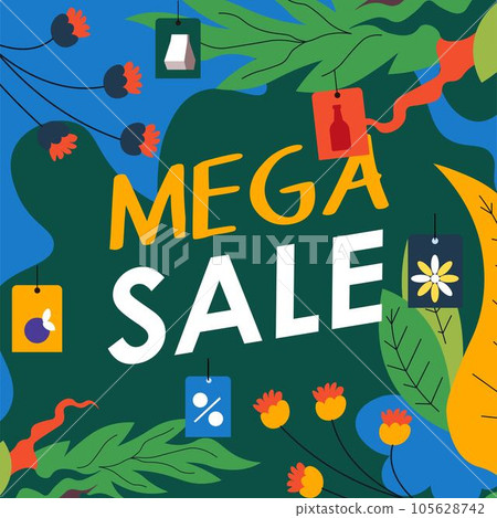 Mega sale promotional banner with leaves foliage 105628742