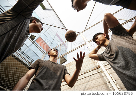 young asian basketball players having fun on outdoor court young asian basketball players having fun on outdoor court 105628796