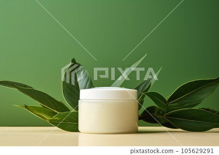 Blank cosmetic plastic jar mockup and green leaves, Generative AI. 105629291
