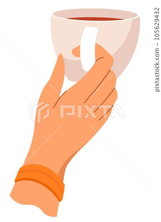 Drinking warm tea, beverage poured in cup in hands Drinking warm tea, beverage poured in cup in hands 105629432