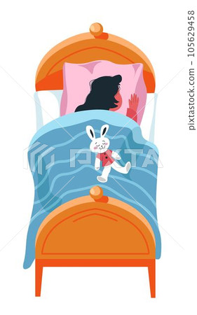 Small kid sleeping with plush rabbit toy in bed 105629458