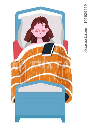 Sleeping girl covered with warm blanket with book 105629459