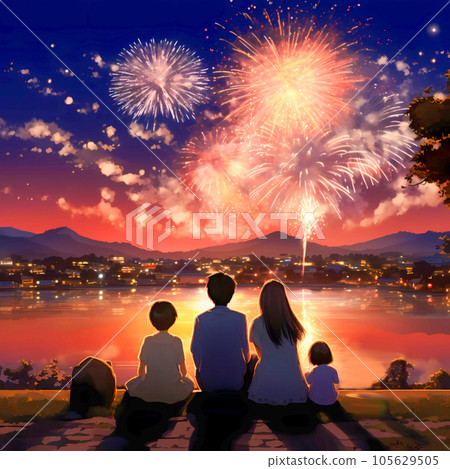 A family watching fireworks by the pond on a summer night 105629505