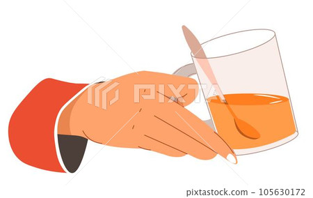 Hand holding cup of tea poured in glass mug vector 105630172