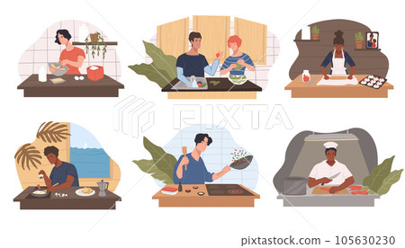 People cooking in kitchen, home or restaurant work 105630230