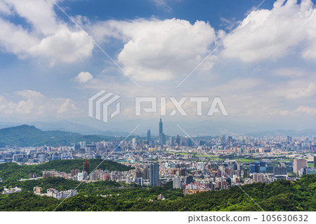 Overlooking view of the modern urban landscape of the Taipei area in Taiwan. It's a basin terrain surrounded by mountains. 105630632