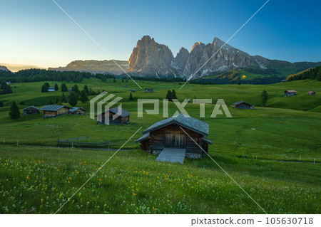 Seiser Alm (Alpe di Siusi) with Langkofel mountain at sunrise in summer, Italy Seiser Alm (Alpe di Siusi) with Langkofel mountain at sunrise in summer, Italy 105630718