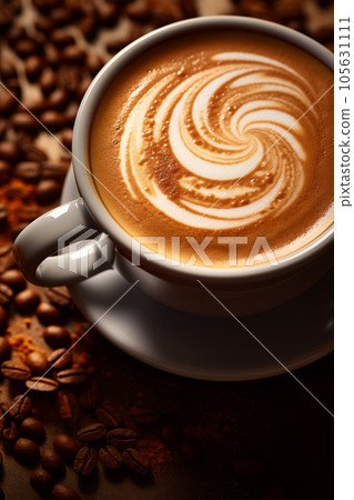 Coffee Cup and Beans on Wooden Table 105631111