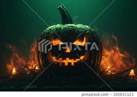 Scary Halloween pumpkins for party night. Close up view of scary Halloween pumpkin 105631121