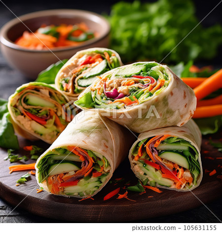 Vegan vegetable wraps, ready to eat, close up Vegan vegetable wraps, ready to eat, close up 105631155