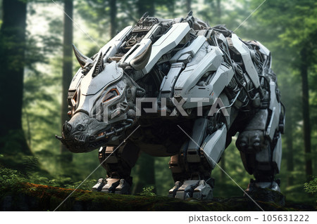 Image of rhinoceros electronic gundam robot technology in the forest. Wildlife Animals. Generative AI. Illustration. 105631222