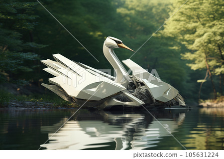 Image of white swan electronic gundam robot technology in the forest. Wildlife Animals. Generative AI. Illustration. 105631224