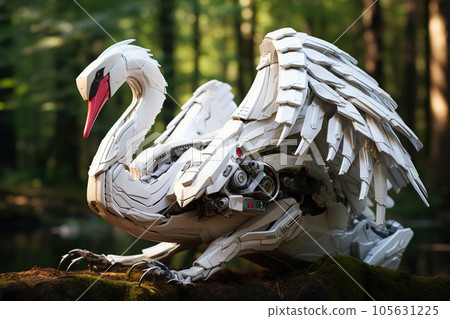 Image of white swan electronic gundam robot technology in the forest. Wildlife Animals. Generative AI. Illustration. 105631225