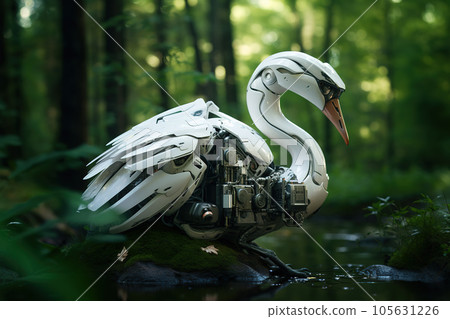 Image of white swan electronic gundam robot technology in the forest. Wildlife Animals. Generative AI. Illustration. 105631226
