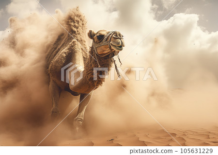Image of camel running in the middle of the desert in a violent sandstorm. Wildlife Animals. Generative AI. Illustration. Image of camel running in the middle of the desert in a violent sandstorm. Wildlife Animals. Generative AI. Illustration. 105631229