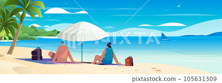 man woman couple sitting together under umbrella on tropical beach summer vacation time to travel concept 105631309
