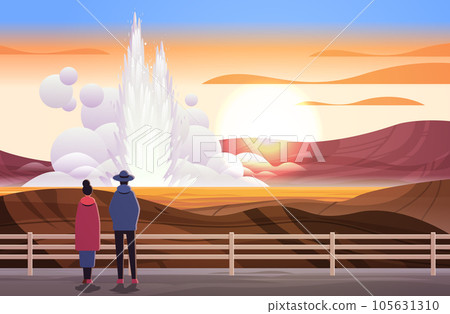 tourists couple near impressive eruption of active geyser hot water steam spraying out from under ground power fountain outdoor 105631310