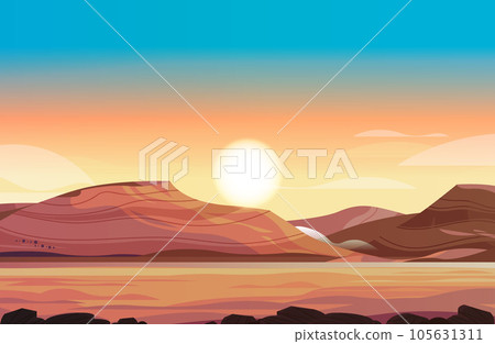 desert sunset landscape with golden sand dunes over mountains horizontal 105631311