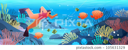 woman tourist in diving mask swimming in sea or ocean and watching marine fauna with fish and coral reef woman tourist in diving mask swimming in sea or ocean and watching marine fauna with fish and coral reef 105631329