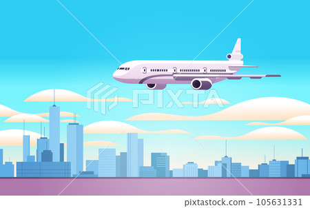 plane flying in sky over cityscape travel by airplane vacation adventure transportation travel concept 105631331