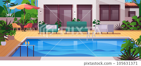 modern villa with pool and garden empty nobody holiday house or hotel summer vacation resort concept 105631371