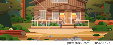 wooden holiday house in forest cottage among trees suburban real estate concept horizontal wooden holiday house in forest cottage among trees suburban real estate concept horizontal 105631373