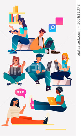 mix race students using laptop and reading book e-learning online education concept vertical 105631378