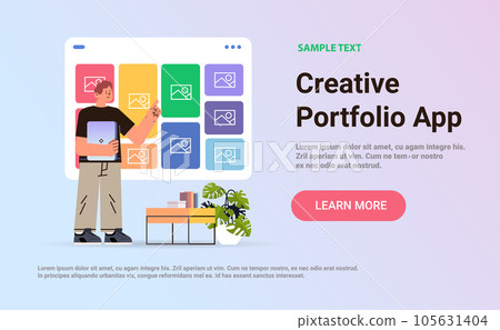 man using creative portfolio app on computer screen visual design projects concept horizontal copy space 105631404