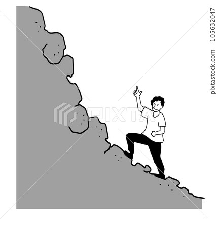Line drawing illustration of a smiling man climbing a rocky cliff 105632047