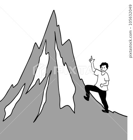 A line drawing illustration of a smiling man climbing a mountain 105632049