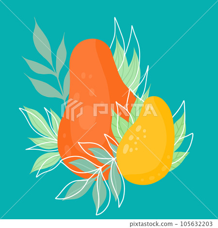 Vector square illustration with papaya, mango and foliage on a turquoise background. Flat hand drawn postcard with tropical juicy fruits. 105632203