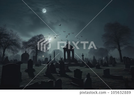 Graveyard in creepy forest in dark night gloomy creepy graves. Generative AI 105632889
