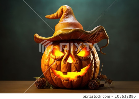 Scary pumpkin lantern with a wicked grin on Halloween. Generative AI 105632890