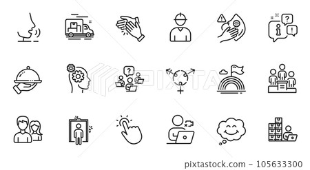 Outline set of Teamwork question, Business podium and Teamwork line icons for web application. Talk, information, delivery truck outline icon. Vector 105633300