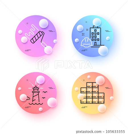 Construction building, Lighthouse and Paint roller minimal line icons. 3d spheres or balls buttons. Wholesale inventory icons. For web, application, printing. Vector 105633355