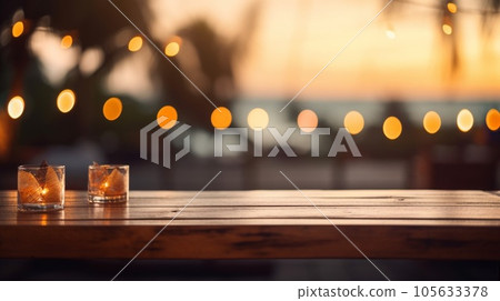 wooden empty table for mock up against blurred background with bokeh Empty wooden table top product display showcase stage. Tropical summer sunset beach bar Ai generative wooden empty table for mock up against blurred background with bokeh Empty wooden table top product display showcase stage. Tropical summer sunset beach bar Ai generative 105633378