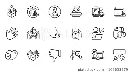 Outline set of Meeting, Health app and Dislike hand line icons for web application. Talk, information, delivery truck outline icon. Include Person, Teamwork, Hand icons. Vector 105633379