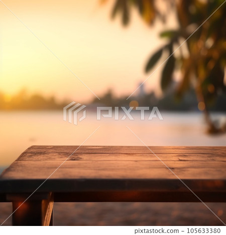 wooden empty table for mock up against blurred background with bokeh Empty wooden table top product display showcase stage. Tropical summer sunset beach bar Ai generative 105633380