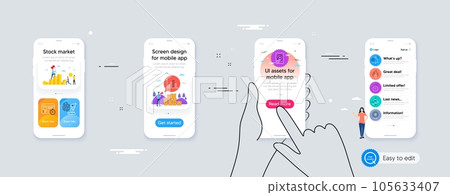 Flammable fuel, Diagram graph and Hdd minimal line icons. Phone ui interface. Reject medal, Time, Notification bell icons. Fingerprint research, Web timer, Block diagram web elements. Vector 105633407