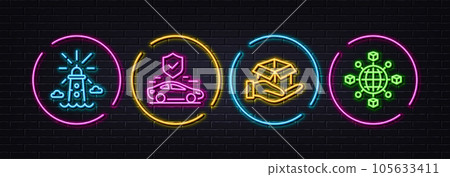Lighthouse, Hold box and Transport insurance minimal line icons. Neon laser 3d lights. Logistics network icons. For web, application, printing. Vector 105633411