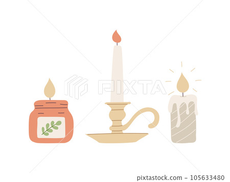 Burning wax candles in candle holder, jar. A symbol of coziness, religion, celebration, esotericism, spiritualism, studying. Flat cartoon color vector illustration isolated on a white background Burning wax candles in candle holder, jar. A symbol of coziness, religion, celebration, esotericism, spiritualism, studying. Flat cartoon color vector illustration isolated on a white background 105633480