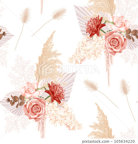 Boho, bohemian seamless floral pattern. Bouquet with roses, hydrangea, palm leaves and dry plants. 105634220