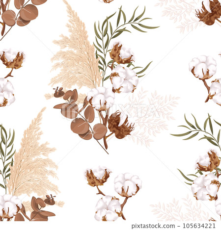 Boho, bohemian seamless floral pattern. Bouquet with cotton flowers, eucalyptus, reed and dry plants. 105634221