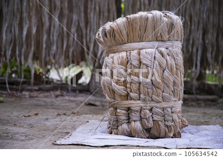 A thick brown bundle of raw jute has on the ground A thick brown bundle of raw jute has on the ground 105634542